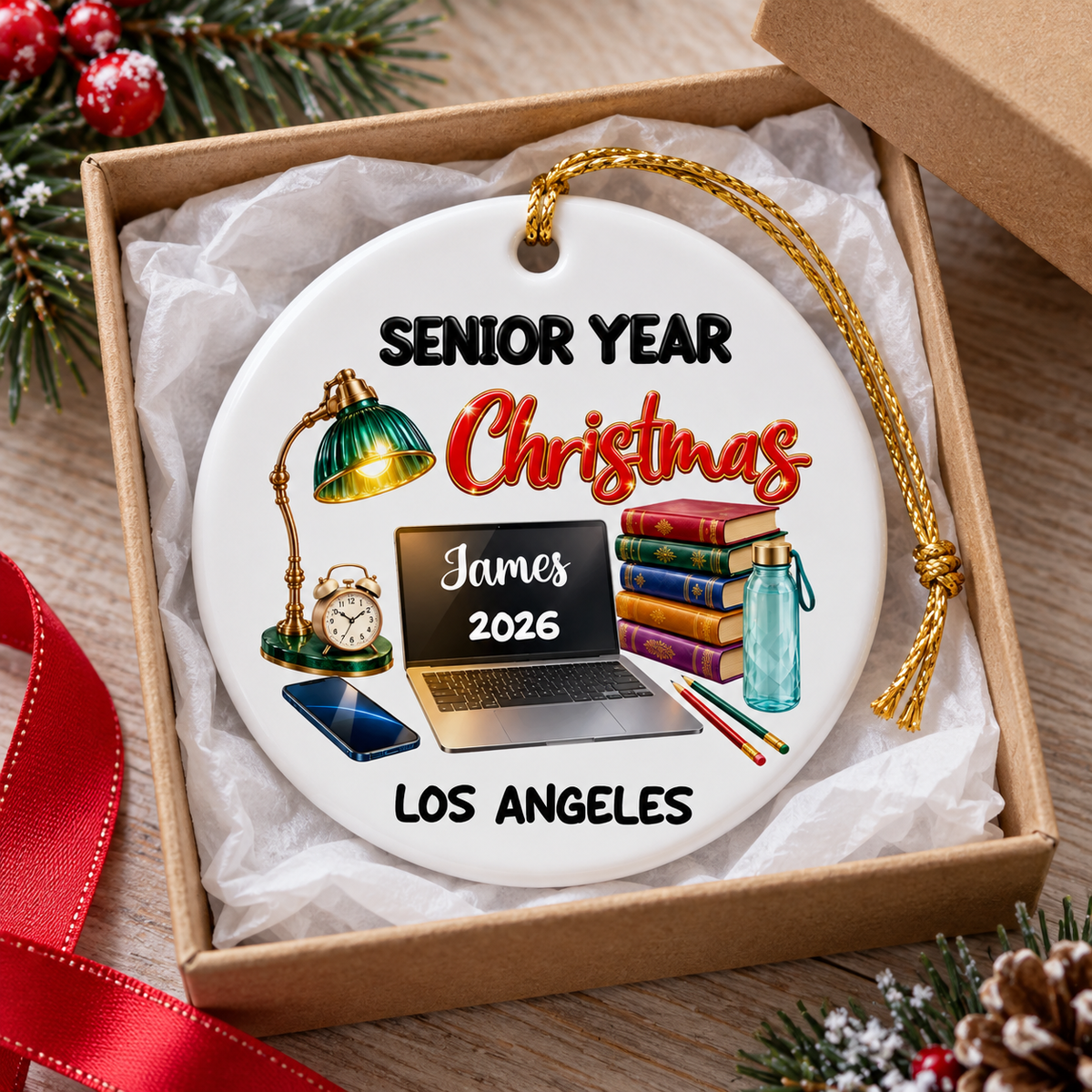 Customer in Los Angeles wearing Senior Year Christmas Ornament Personalized Class of 2027 High School Graduation Gift