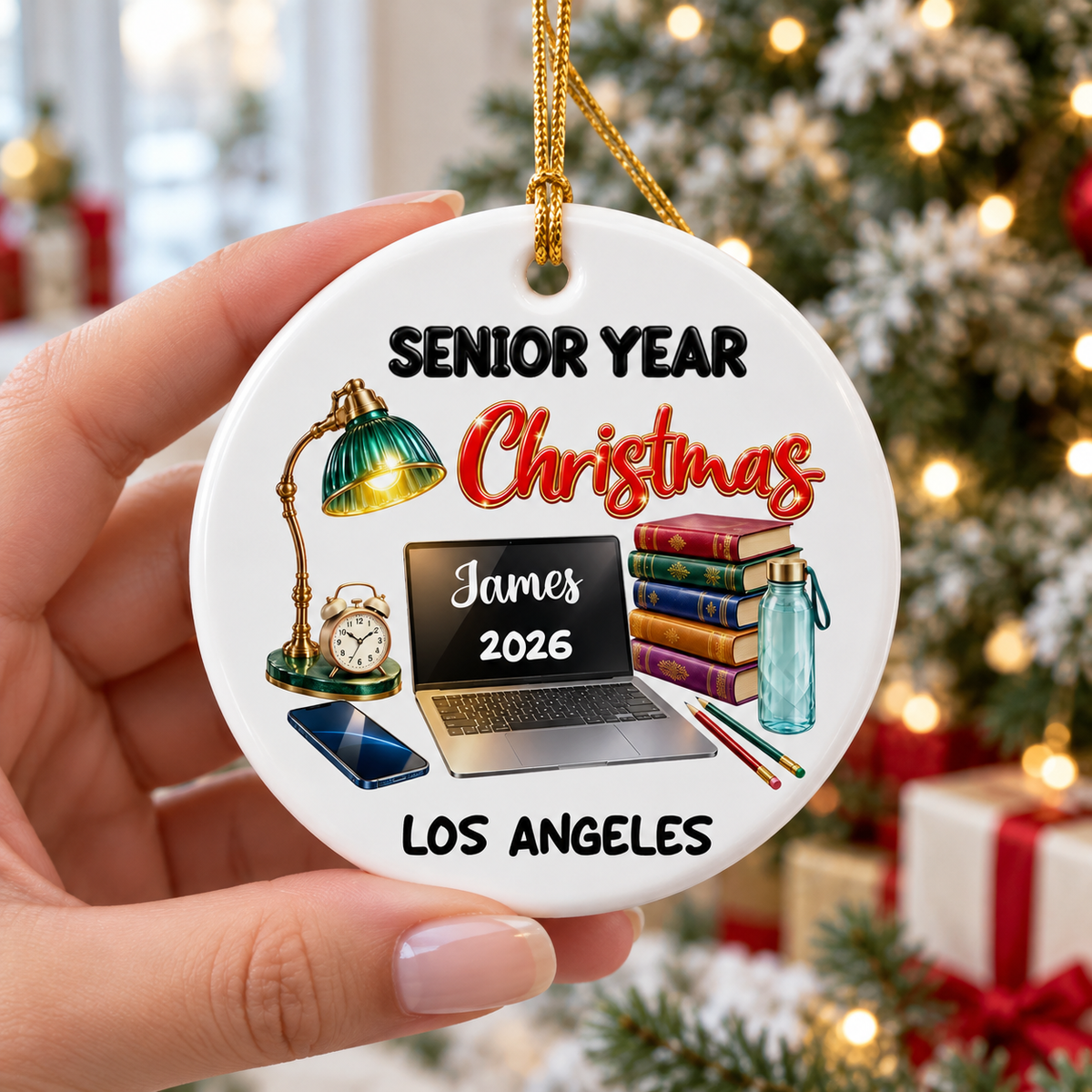 Close-up of Senior Year Christmas Ornament Personalized Class of 2027 High School Graduation Gift for streetwear fans in Los Angeles