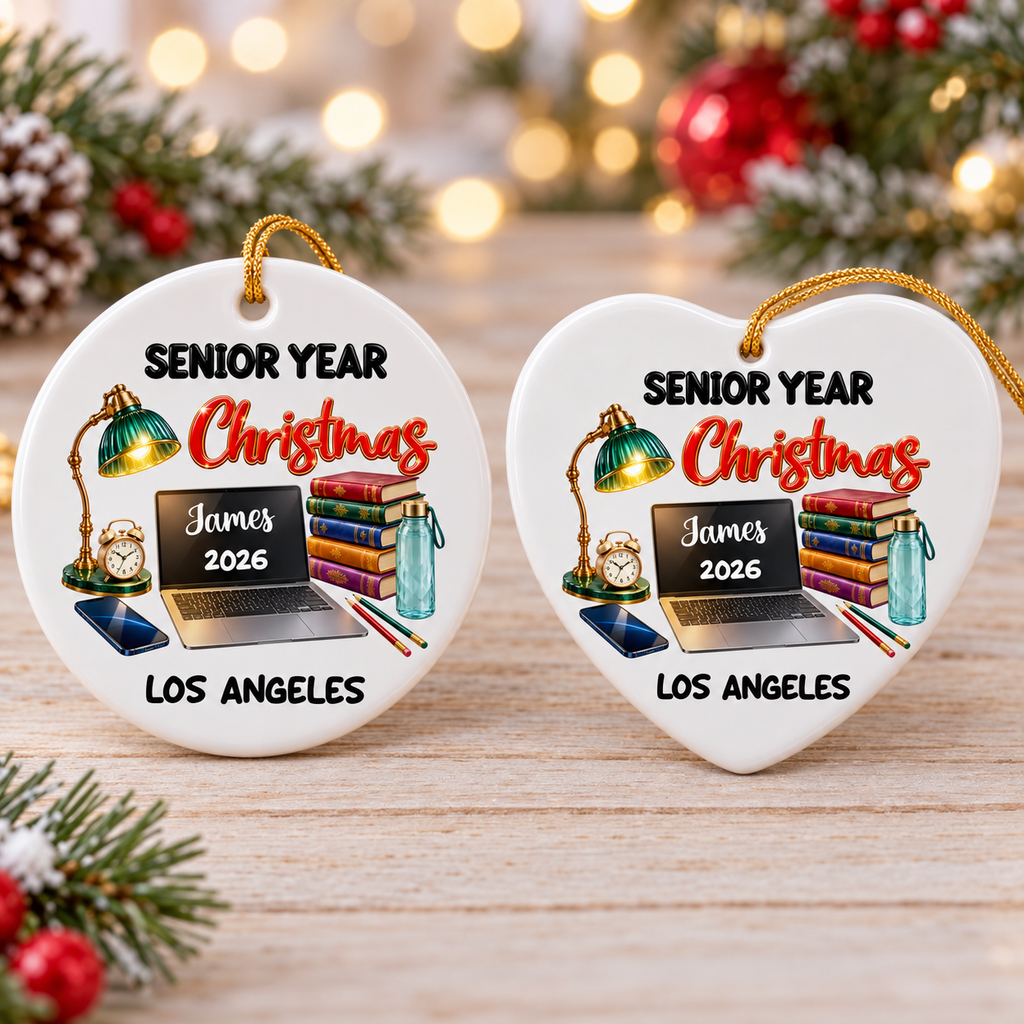 Close-up of Senior Year Christmas Ornament Personalized Class of 2027 High School Graduation Gift for streetwear fans in Los Angeles