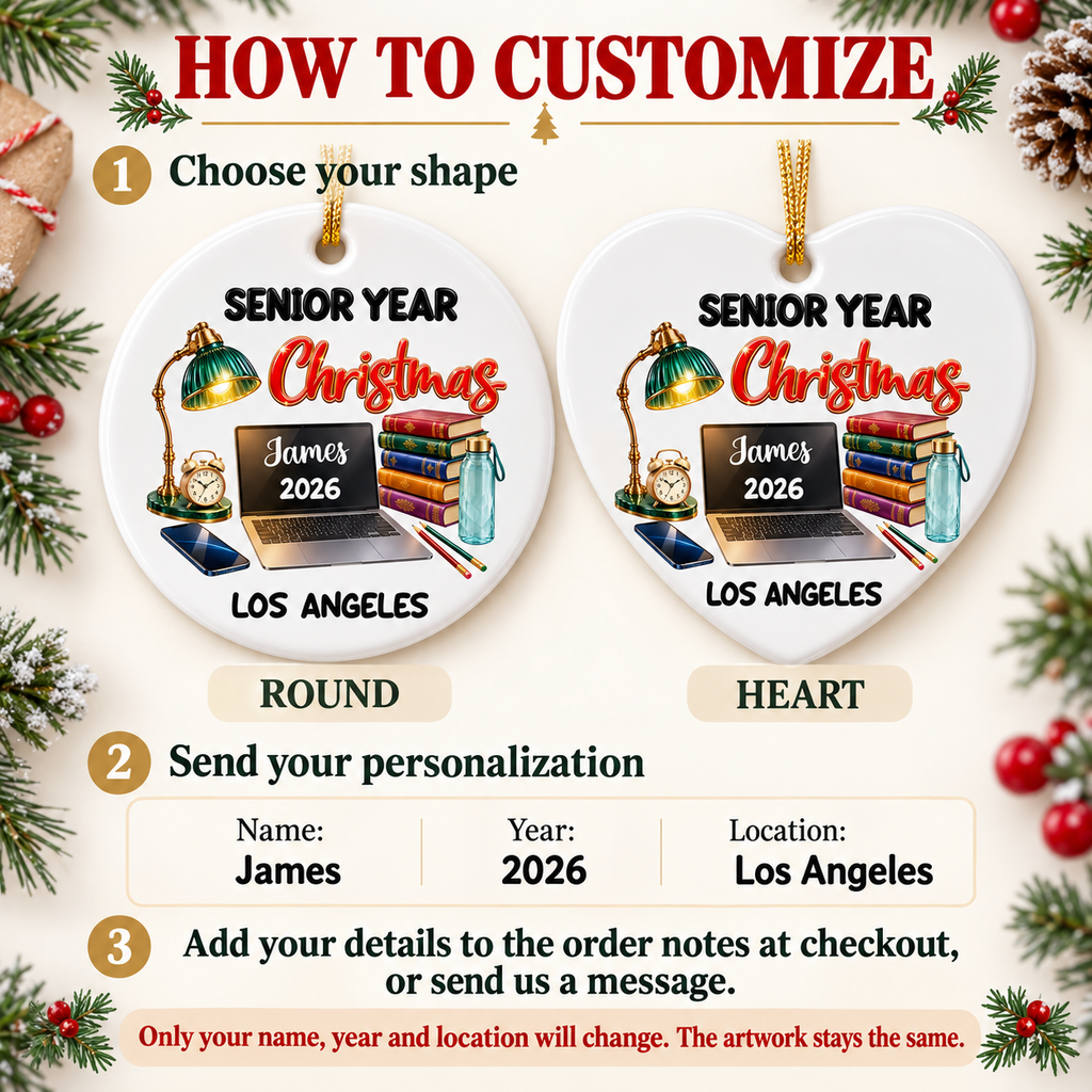 Customer in Los Angeles wearing Senior Year Christmas Ornament Personalized Class of 2027 High School Graduation Gift