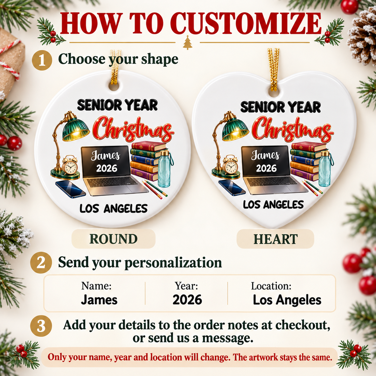 Customer in Los Angeles wearing Senior Year Christmas Ornament Personalized Class of 2027 High School Graduation Gift