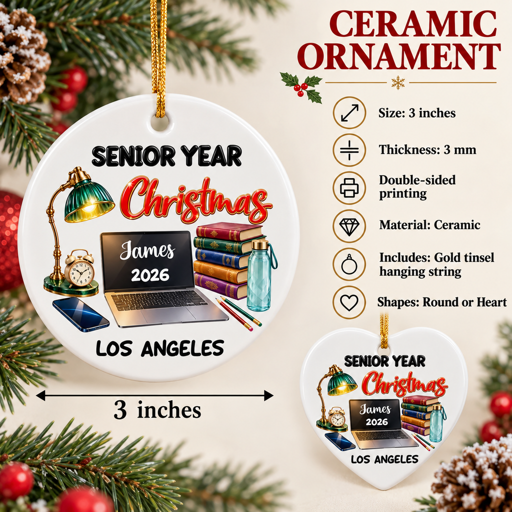 Close-up of Senior Year Christmas Ornament Personalized Class of 2027 High School Graduation Gift for streetwear fans in Los Angeles