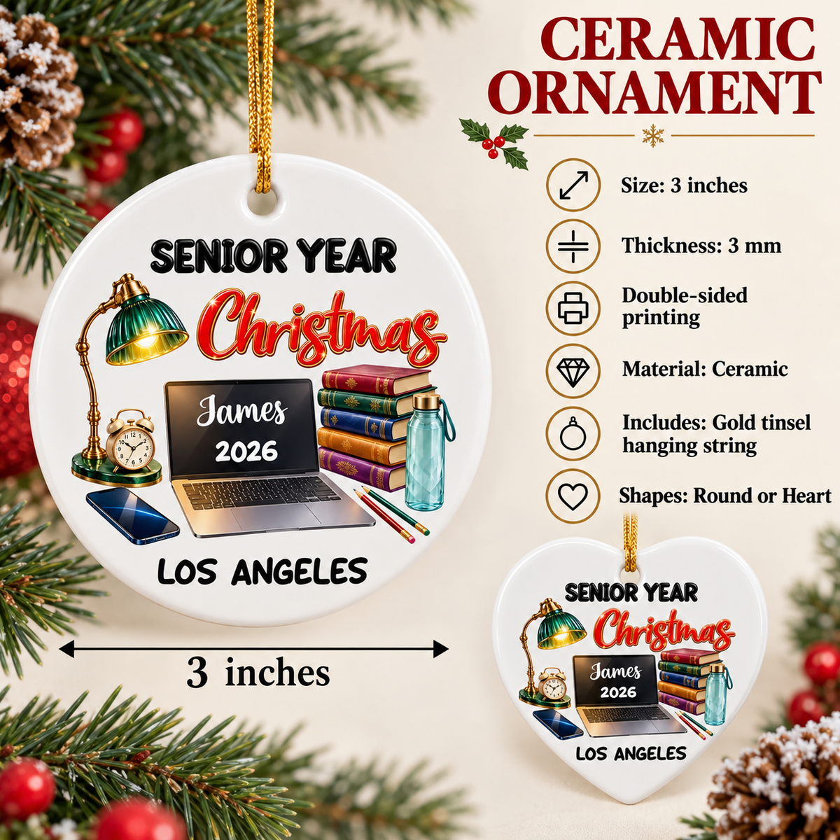 Close-up of Senior Year Christmas Ornament Personalized Class of 2027 High School Graduation Gift for streetwear fans in Los Angeles