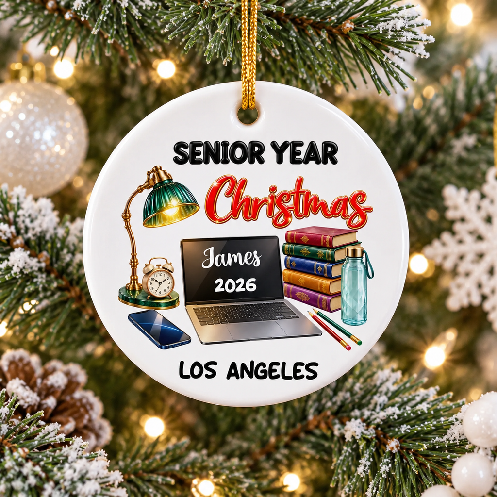 Round ceramic Senior Year Christmas ornament hanging on a snowy tree branch, personalized with James 2026 on the laptop
