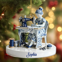 Sewing Lady Delft Blue Porcelain Style Christmas Ornament, Personalized Custom Name Seamstress Gift, on a hanger, ready to ship from Los Angeles