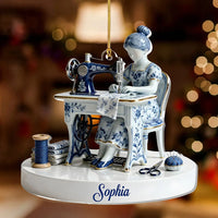 Customer in Los Angeles wearing Sewing Lady Delft Blue Porcelain Style Christmas Ornament, Personalized Custom Name Seamstress Gift,