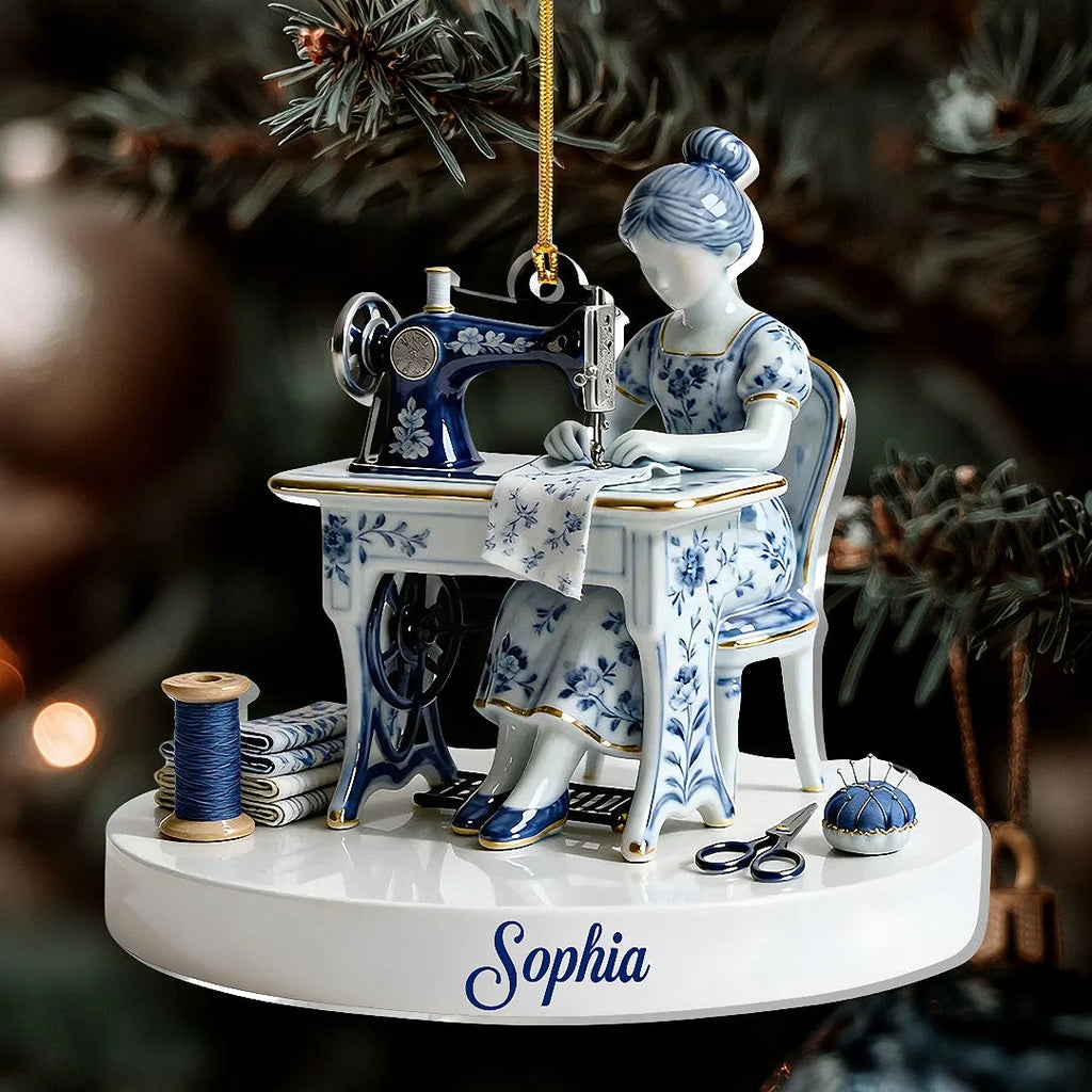 Close-up of Sewing Lady Delft Blue Porcelain Style Christmas Ornament, Personalized Custom Name Seamstress Gift