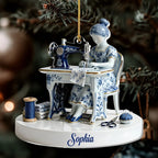 Close-up of Sewing Lady Delft Blue Porcelain Style Christmas Ornament, Personalized Custom Name Seamstress Gift