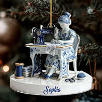 Close-up of Sewing Lady Delft Blue Porcelain Style Christmas Ornament, Personalized Custom Name Seamstress Gift, for streetwear fans in Los Angeles