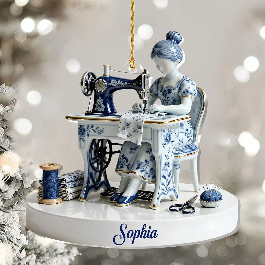 Close-up of Sewing Lady Delft Blue Porcelain Style Christmas Ornament, Personalized Custom Name Seamstress Gift
