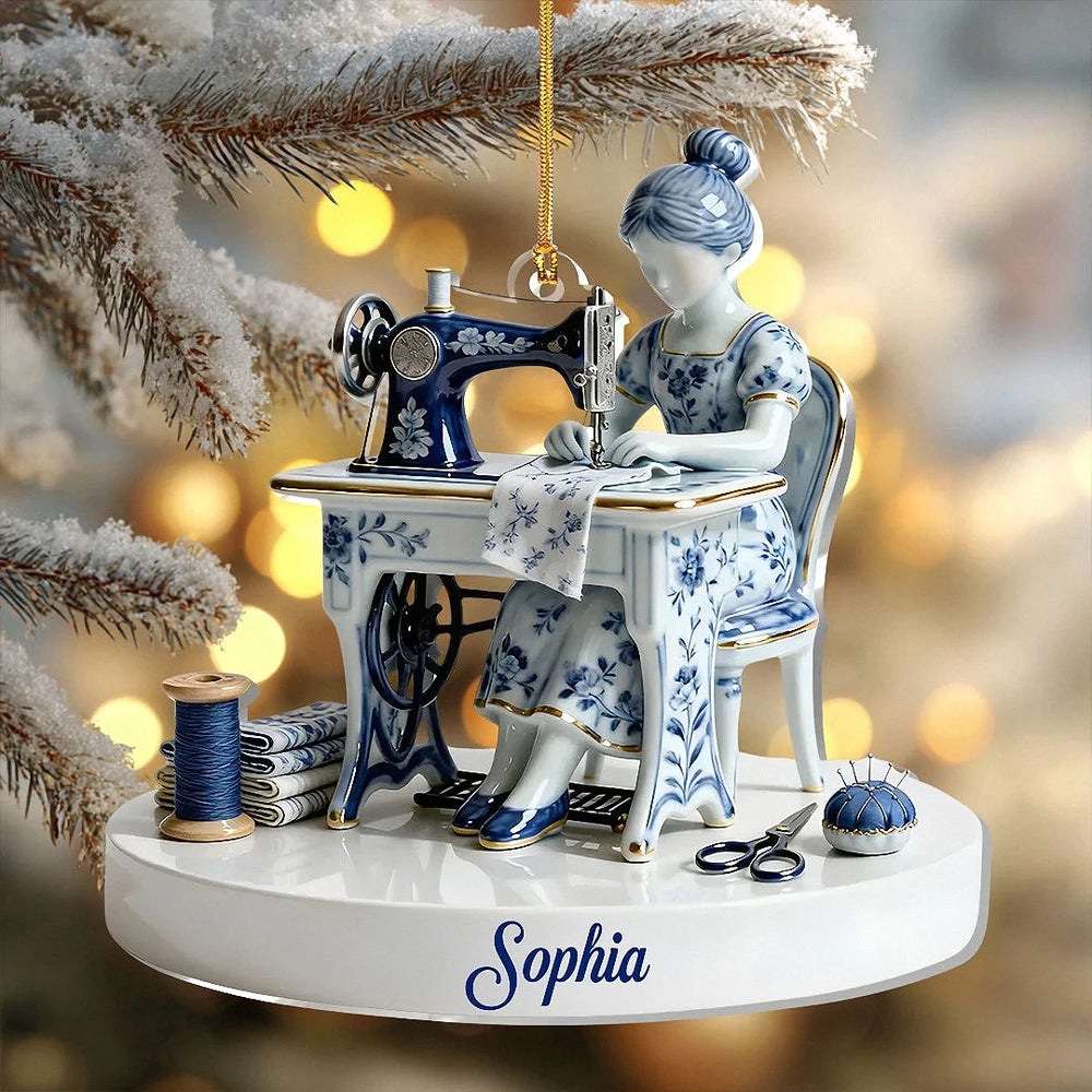 Sewing Lady Delft Blue Porcelain Style Christmas Ornament, Personalized Custom Name Seamstress Gift, available at our Los Angeles warehouse