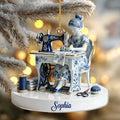 Sewing Lady Delft Blue Porcelain Style Christmas Ornament, Personalized Custom Name Seamstress Gift