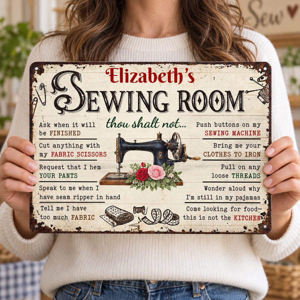 Close-up of Sewing Room Sign Thou Shalt Not Ask When It Will Be Finished Funny Craft Room Decor Wall Art