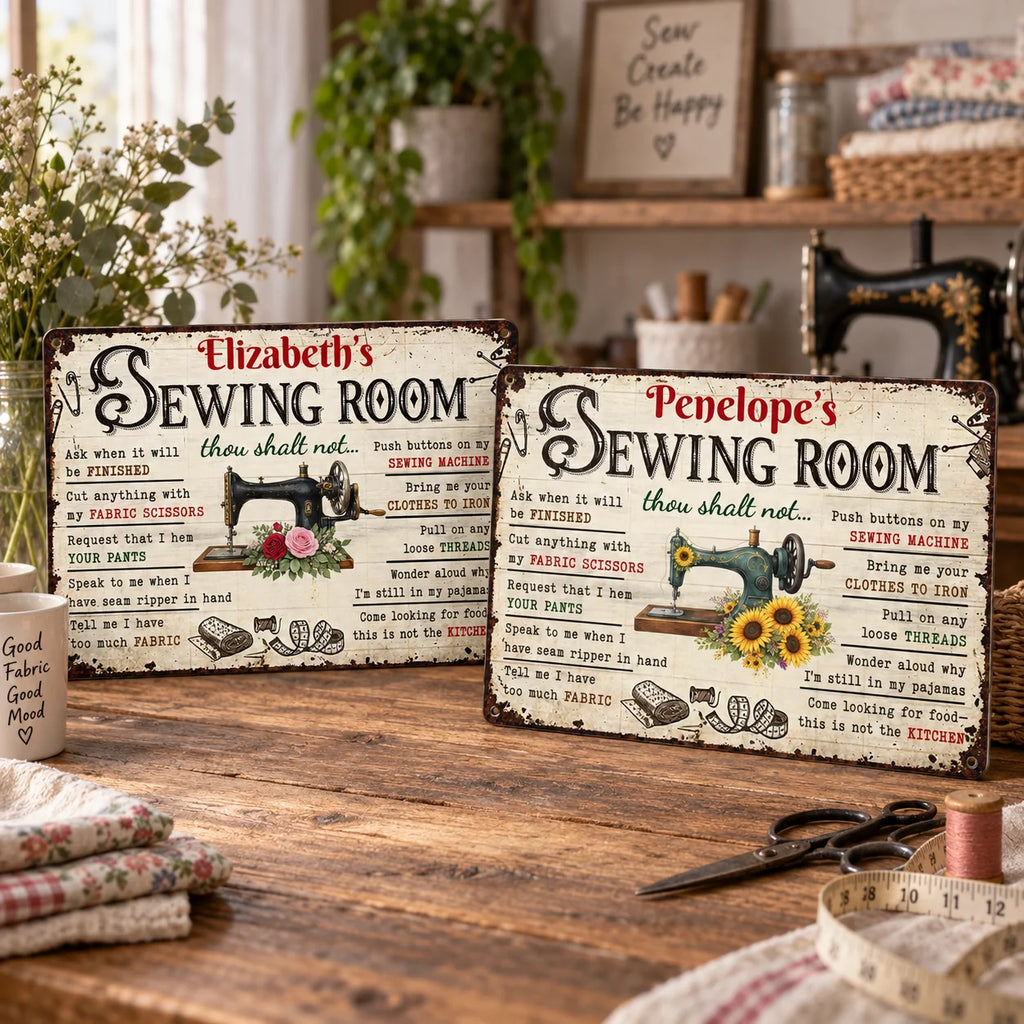Close-up of Sewing Room Sign Thou Shalt Not Ask When It Will Be Finished Funny Craft Room Decor Wall Art