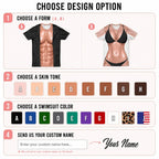 Design chart showing forms, skin tones, color options, and text entry box for personalized novelty body print matching couple