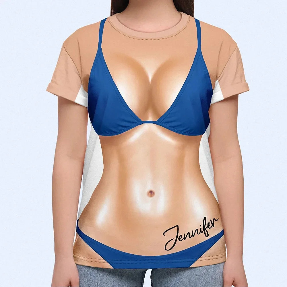 Personalized Novelty Body Print Matching Couple T-Shirts Custom Fake Muscle And Bikini Beach Vacation Tees