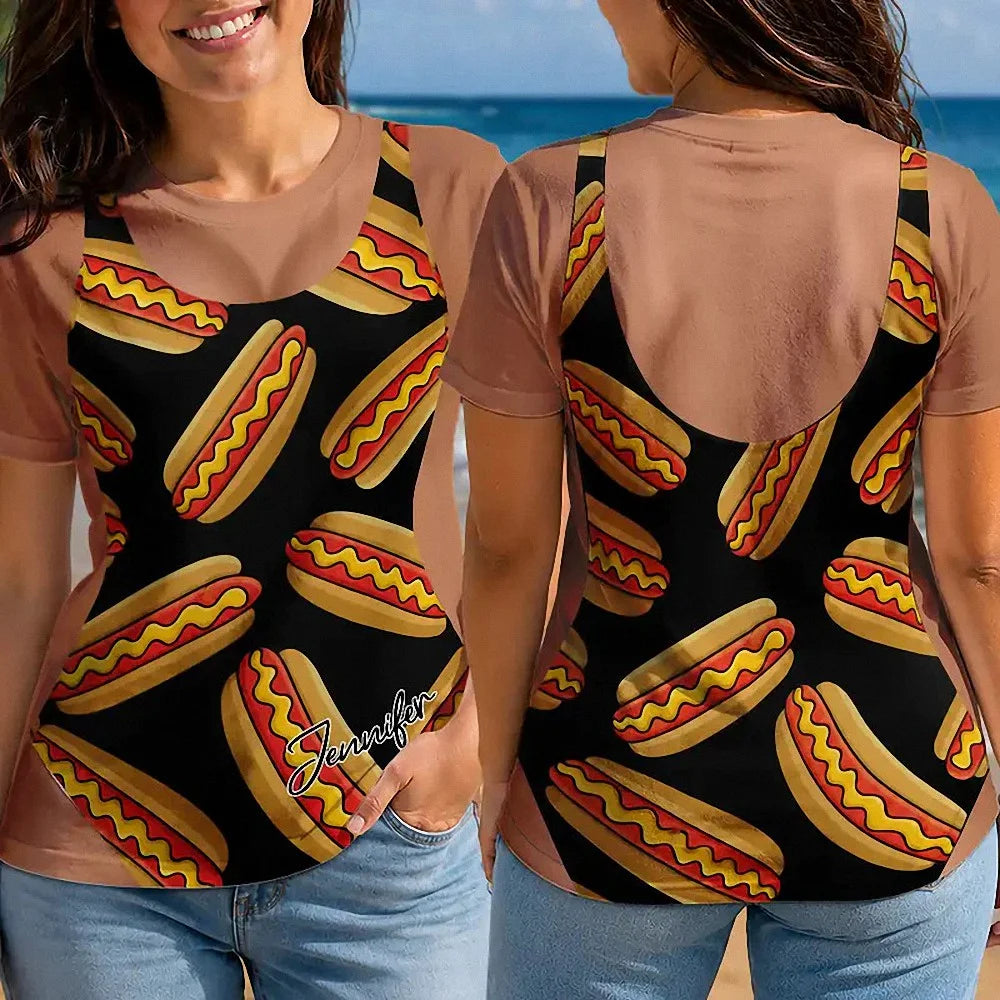 Funny 3D Bikini Body Optical Illusion T-Shirt Personalized Food Graphic Tee Custom Name Beach Cover Up Taco Pizza Shirt