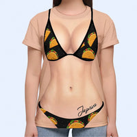 Funny 3D Bikini Body Optical Illusion T-Shirt Personalized Food Graphic Tee Custom Name Beach Cover Up Taco Pizza Shirt