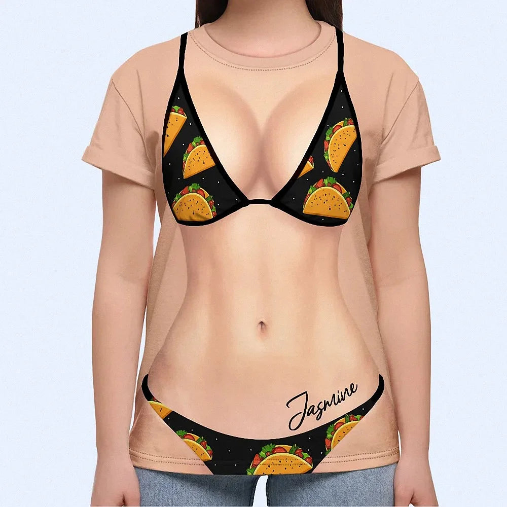 Funny 3D Bikini Body Optical Illusion T-Shirt Personalized Food Graphic Tee Custom Name Beach Cover Up Taco Pizza Shirt