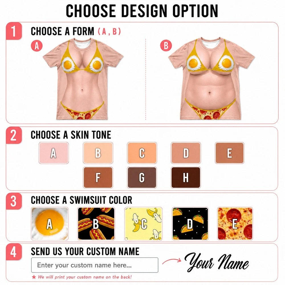 Customization guide showing form, skin tone, swimsuit pattern, and name options for the graphic tee.