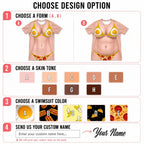 Customization guide showing form, skin tone, swimsuit pattern, and name options for the graphic tee.