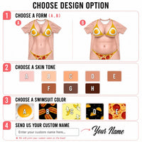 Funny 3D Bikini Body Optical Illusion T-Shirt Personalized Food Graphic Tee Custom Name Beach Cover Up Taco Pizza Shirt