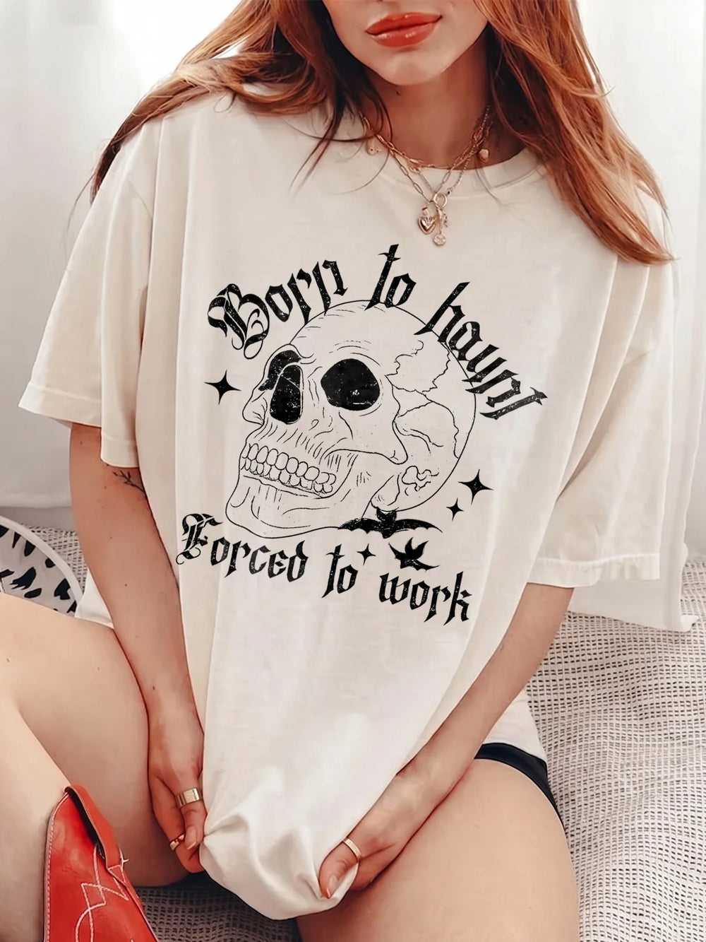 Funny Gothic Graphic T-Shirt Spooky Work Humor Tee Born To Haunt Forced To Work Halloween Skeleton Shirt