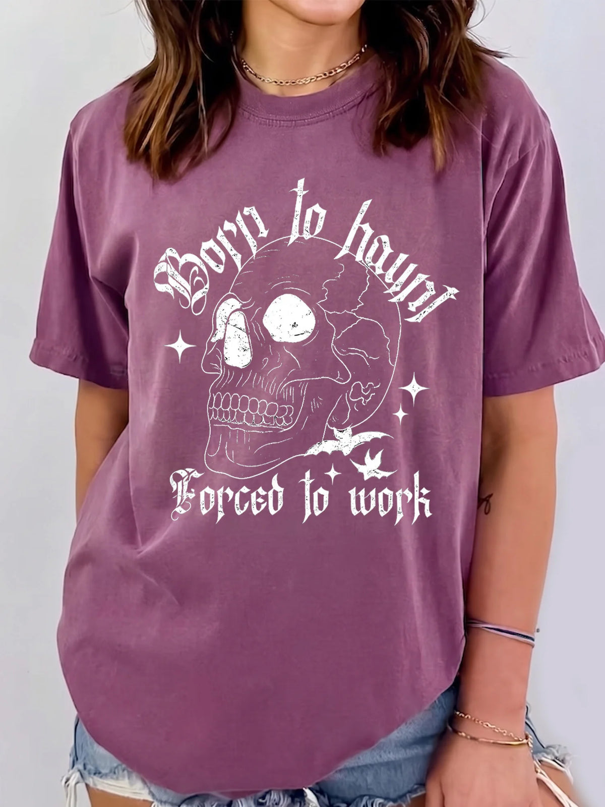Funny Gothic Graphic T-Shirt Spooky Work Humor Tee Born To Haunt Forced To Work Halloween Skeleton Shirt