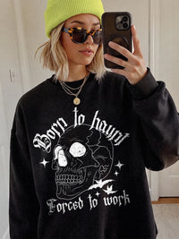 Funny Gothic Graphic T-Shirt Spooky Work Humor Tee Born To Haunt Forced To Work Halloween Skeleton Shirt