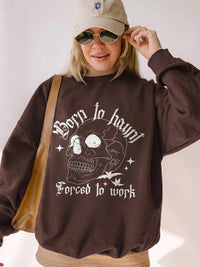 Funny Gothic Graphic T-Shirt Spooky Work Humor Tee Born To Haunt Forced To Work Halloween Skeleton Shirt