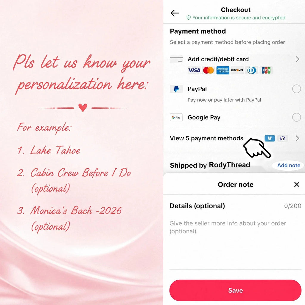 Instruction guide showing how to add custom text, destination, and group name in the checkout order note for the graphic