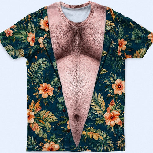 Custom Funny Hairy Chest Tropical T-Shirt Personalized Muscle Torso Fake Body Hawaiian Shirt Bachelor Party Gag Gift
