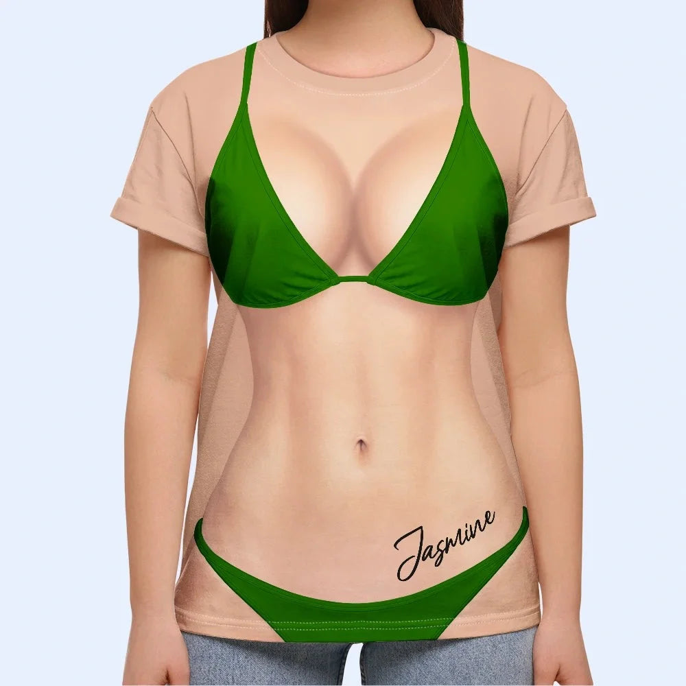 Personalized Bikini Body Illusion T-Shirt Custom Name Funny Fake Torso Beach Cover Up Tee