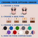 Customization guide showing form, skin tone, swimsuit color options and custom name step.