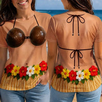 Funny Hawaiian Luau Custom Body T-Shirt Coconut Bikini & Grass Skirt Novelty Costume Tee