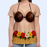 Funny Hawaiian Luau Custom Body T-Shirt Coconut Bikini & Grass Skirt Novelty Costume Tee