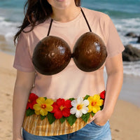 Funny Hawaiian Luau Custom Body T-Shirt Coconut Bikini & Grass Skirt Novelty Costume Tee