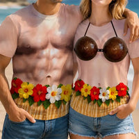 Funny Hawaiian Luau Custom Body T-Shirt Coconut Bikini & Grass Skirt Novelty Costume Tee