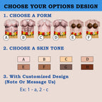 Customization options chart showing form styles A through F and skin tones A through H for ordering.