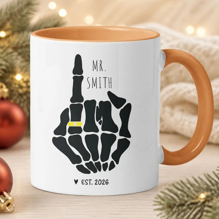Custom Name Skeleton Middle Finger Mug Funny Personalized Engagement Gag Gift With Established Year