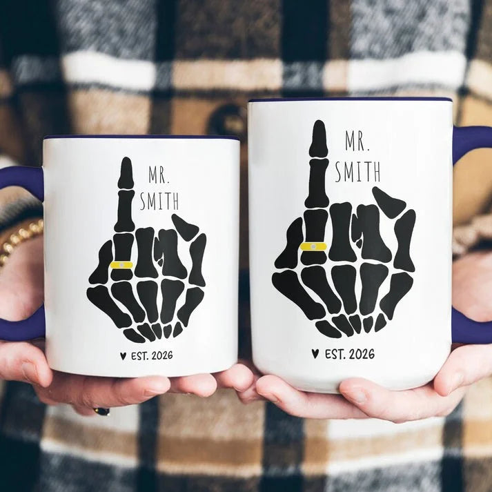 Custom Name Skeleton Middle Finger Mug Funny Personalized Engagement Gag Gift With Established Year