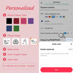 A screenshot showing custom product options including color swatches, graphic styles, quote entry, and checkout screen.