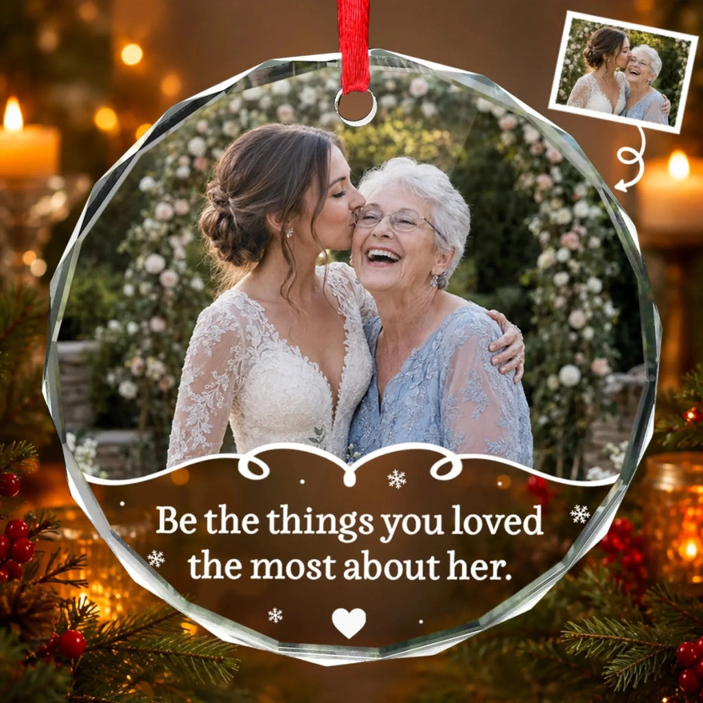 Memorial photo ornament displayed with a small inset showing the original uploaded picture, making it a heartfelt bereavement