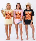 Three women wearing relaxed fit six pack abs graphic t-shirts in yellow, pink and black standing barefoot against a white