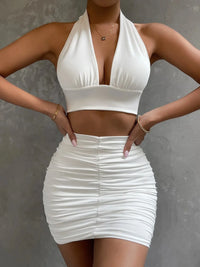 Night Out Party Outfit Ruched Halter Crop Top and Mini Skirt Two-Piece Set