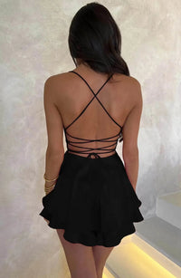 Fit and Flare Sleeveless Mini Dress Backless Cowl Neck Party Dress