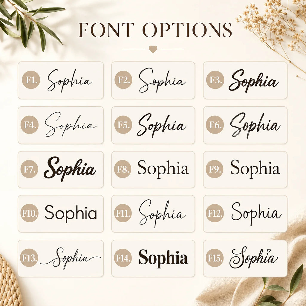 Font options chart showing fifteen distinct script and serif styles for custom pajama text.