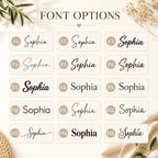 Font options chart showing fifteen distinct script and serif styles for custom pajama text.