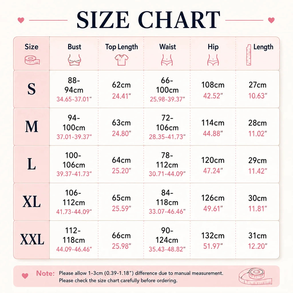 Size chart table for personalized bridesmaid ruffle pajama set showing measurements in centimeters and inches from S to XXL.