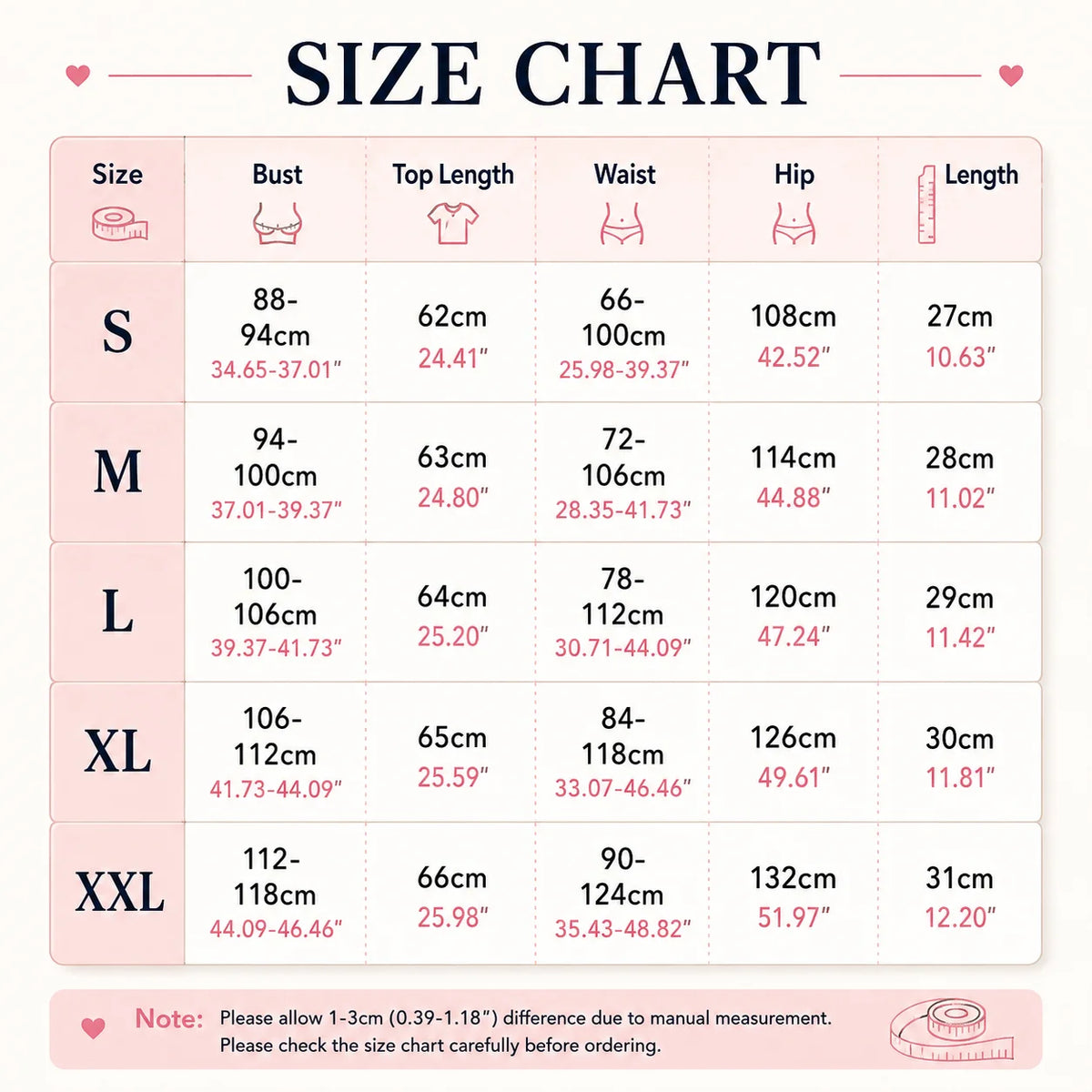 Size chart table for personalized bridesmaid ruffle pajama set showing measurements in centimeters and inches from S to XXL.